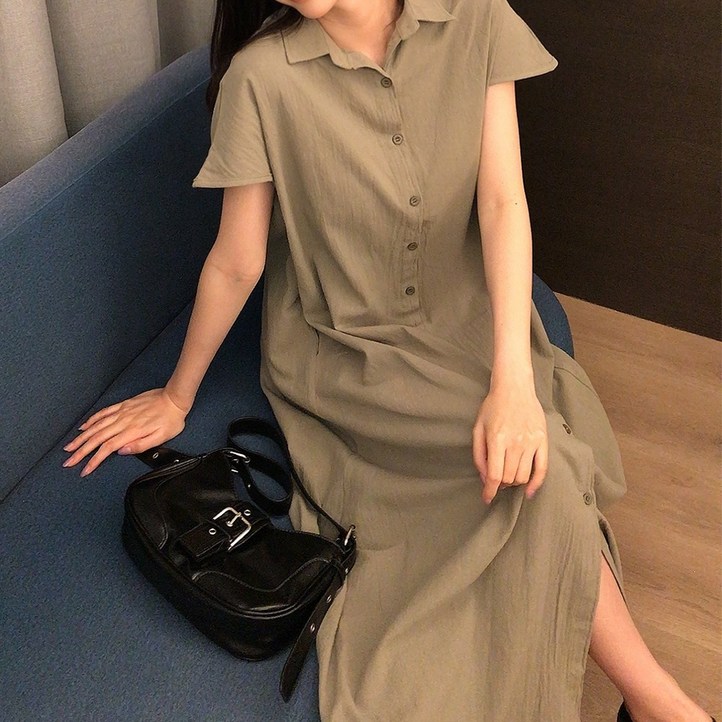 메이징 여성 넥카라 버튼 백라인 셔링 원피스 메이징 여성 넥카라 버튼 백라인 셔링 원피스
