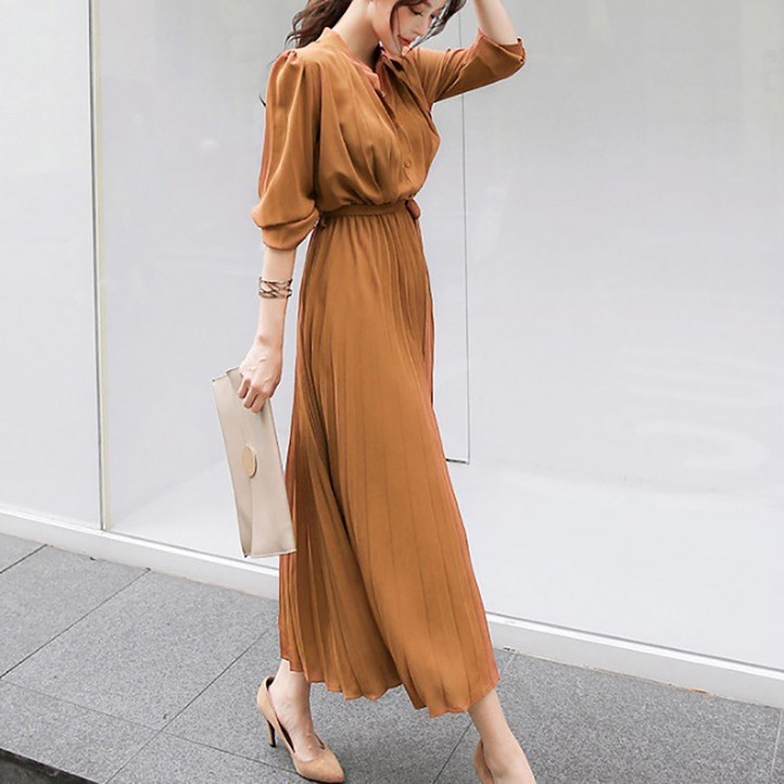 로로비 가을 롱 플리츠 주름 원피스 예쁜 쉬폰 스커트 하객룩 30 40대