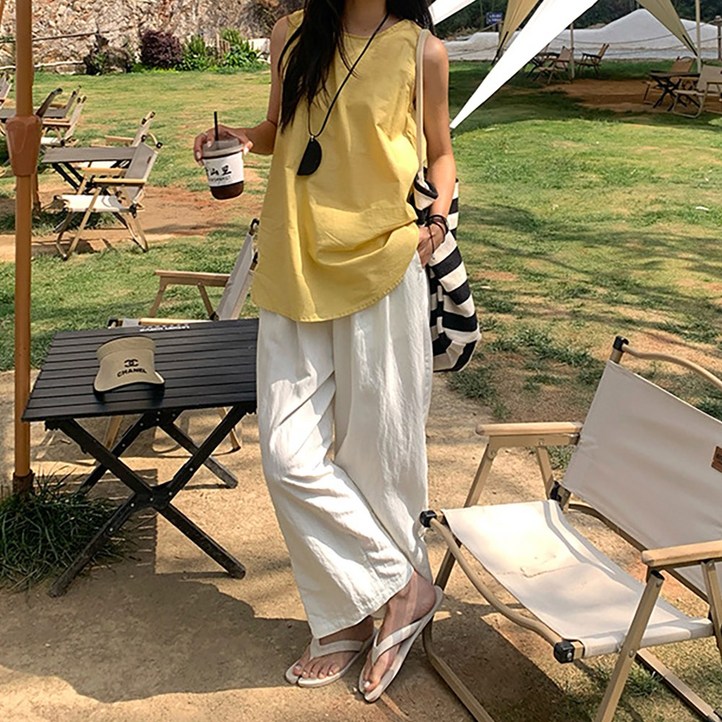 네모엔룩 루즈와이드린넨 여성용 시원한 여름 린넨 통바지 코튼혼방 포켓 허리밴딩 롱 팬츠