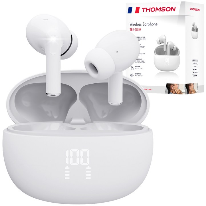프랑스 톰슨 ENC 노이즈 캔슬링 LED 블루투스 6.0 이어폰 무선 방수, 화이트 TBE201W