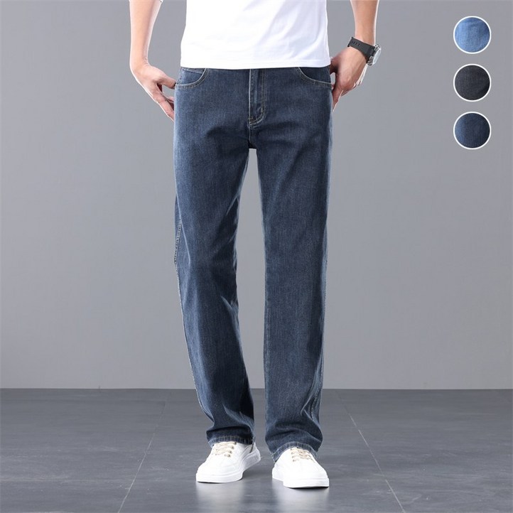 wassup 남자 청바지 여름용 스판 일자핏 얇은 데님 팬츠 빅 사이즈 슬랙스