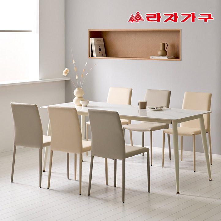 라자가구 파비오 12T 포세린 세라믹 6인용 식탁 의자6개 세트, 화이트상판화이트프레임