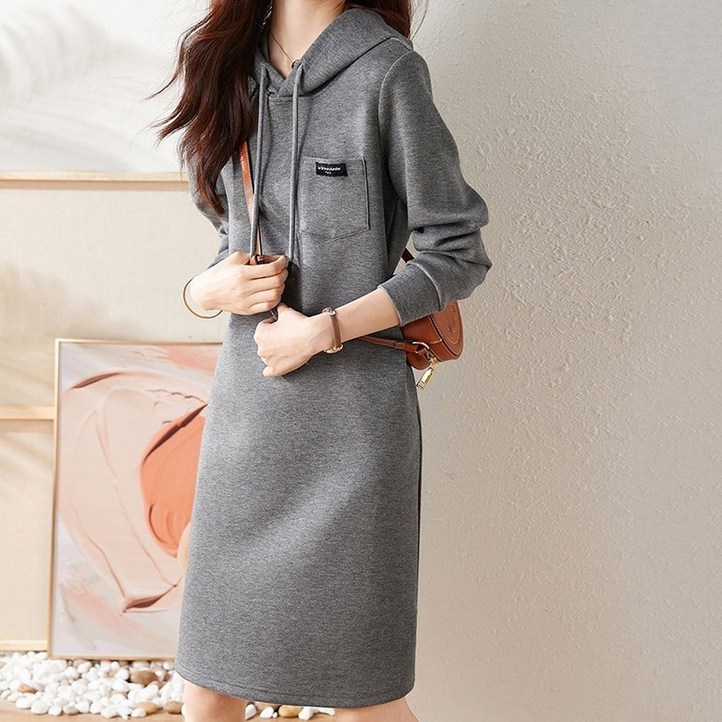 페이준 여성 봄 가을 후드 원피스 심플 캐주얼 후드 긴팔 A라인 원피스 IM6681