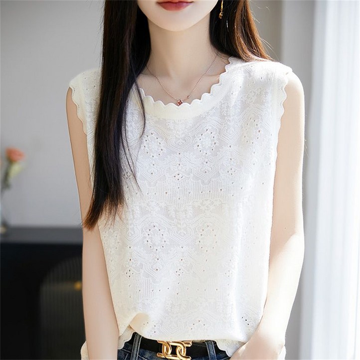 besteffie 여성 여름 민소매 티셔츠 코튼 레이스 무지 라운드넥 캐주얼 블라우스 K37