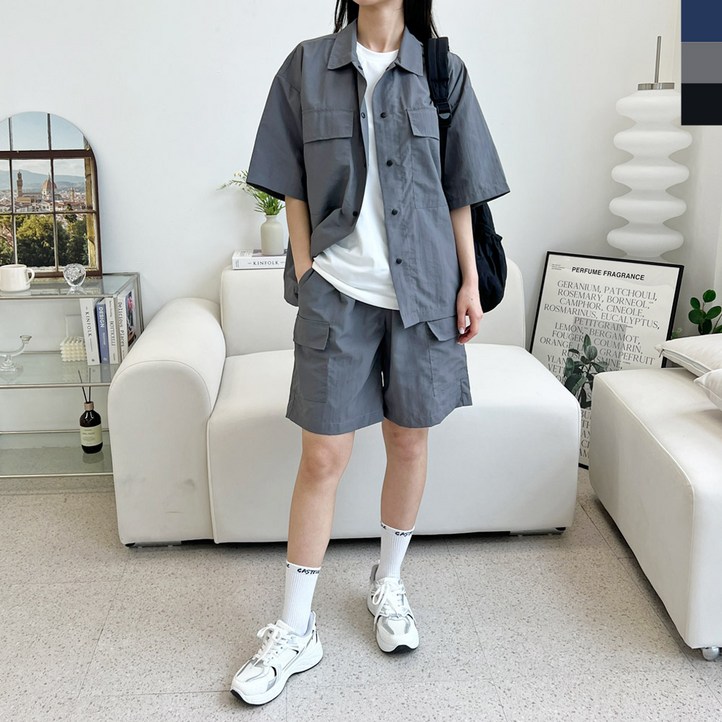 여자 여름 트레이닝 셋업 포켓 반팔 남방 반바지 세트