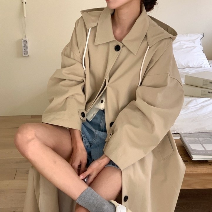 르비에 어반 여자 트렌치 코트 후드 끈조절 롱 재킷 봄 가을
