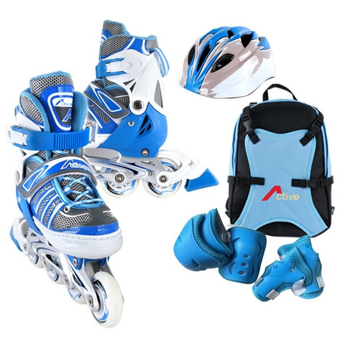 인라인세트 사이즈 조절형 아동용 발광바퀴 인라인 스케이트헬멧보호대가방, 에이스 블루
