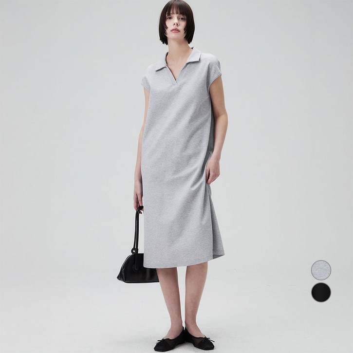 ELLEPARIS 여성용 오픈 카라 미디 피케 원피스