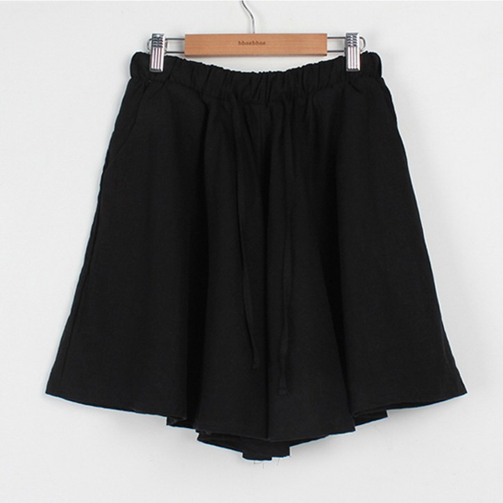 빼빼 여성용 통기성 린넨 스트링밴딩 플레어 치마 반바지
