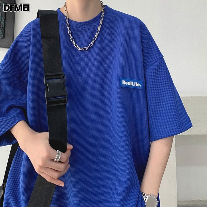 DFMEI 블루 와플 반팔 남성 티셔츠