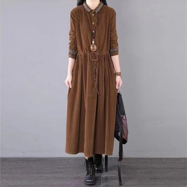 PEROLA 여성 가을 겨울 코듀로이 원피스 루즈핏 빅사이즈  셔츠원피스 자수 포켓 허리스트링 캐주얼 롱 원피스