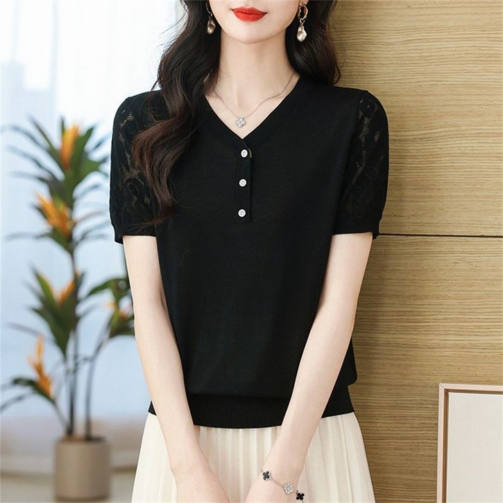 besteffie 여성 봄 여름 브이넥 니트 반팔 티셔츠 여성스러운 페미닌 스타일 배색 포인트 상의 JX55