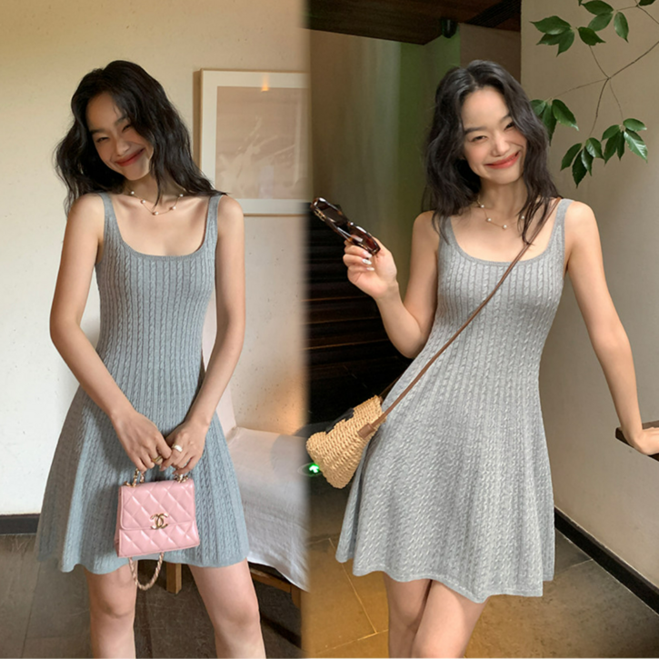 Akimu 여자 민소매 니트 나시원피스 슬림핏 A라인 미니원피스