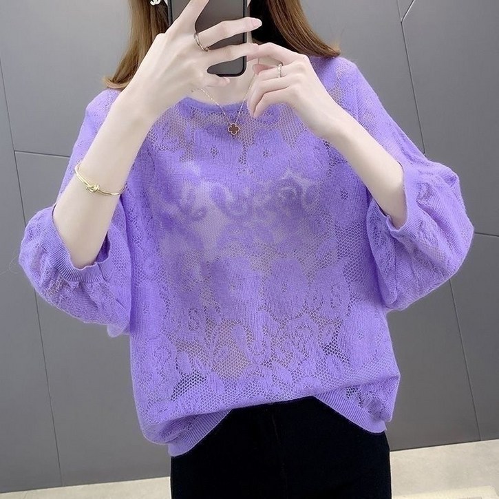 여성 루즈핏 가오리핏 칠부 소매 봄여름 얇은 니트 패션 풀오버 위에 자외선 차단녀 착용