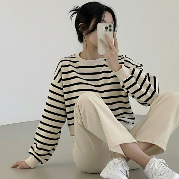 여성 봄 가을 루즈핏 스트라이프 긴팔 맨투맨 티셔츠