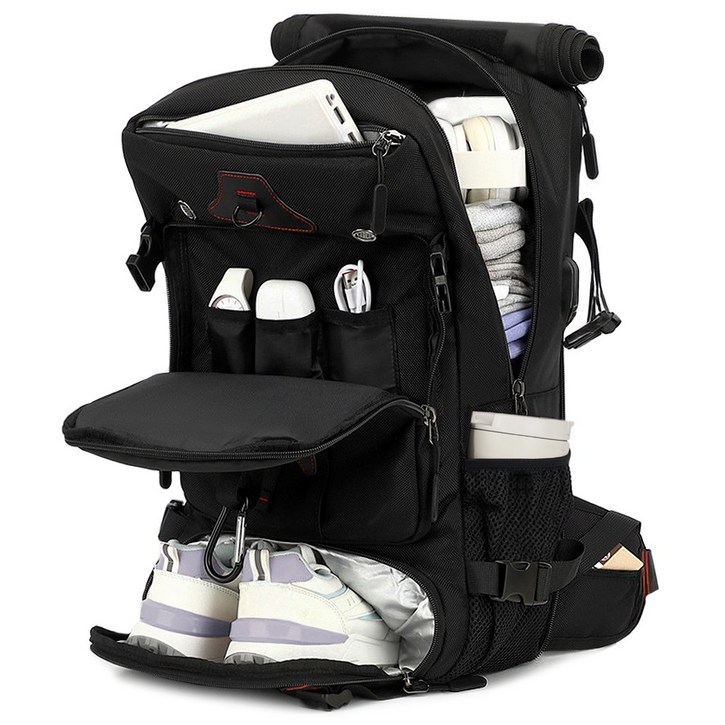 60L 80L 대용량 프리미엄 메탈 백팩 보스턴백 신발수납 여행 등산 출장, 블랙