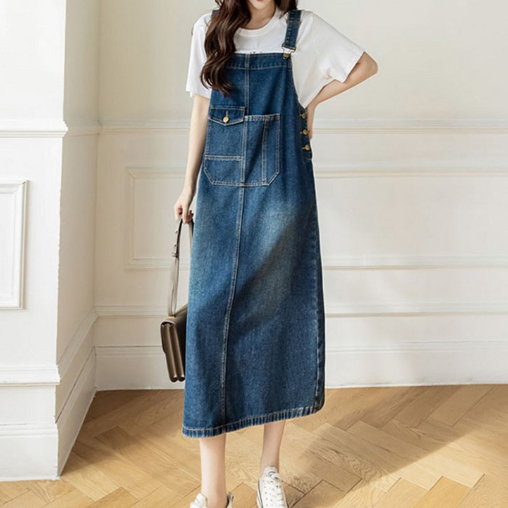 POMTOR 여성 빅 사이즈 멜빵 치마  루즈핏 캐주얼 데님 멜빵 원피스