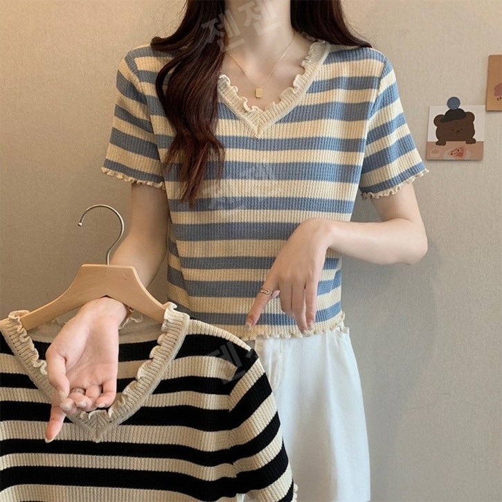프영띵 빅사이즈반팔티 여름 스트라이프 레이스 브이넥 반팔니트티 (2color)