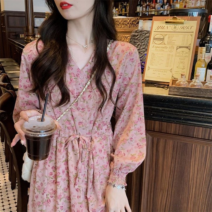 ANYOU 봄 신상 장미 원피스 프린트 기질 브이넥 미디 플라워 원피스 녀
