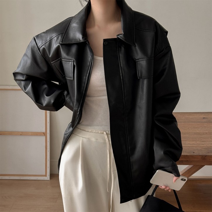 오버핏 카라 가죽 레더 자켓 루즈핏 빈티지 시크무드 가을 필수템 데일리룩