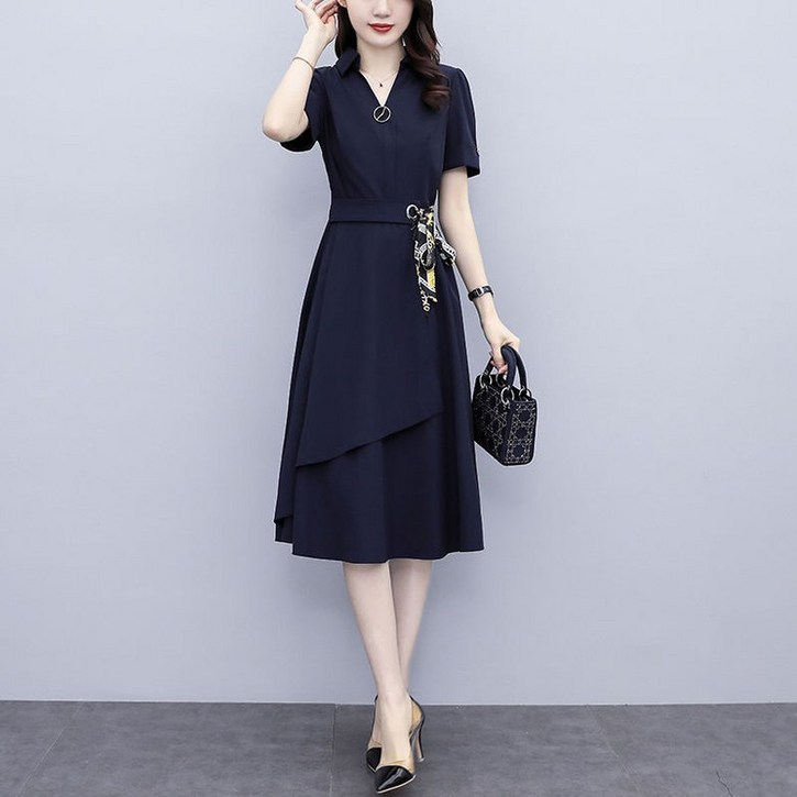 에버리씽 여성 브이넥 반팔 A라인 허리슬림 옆묶음 언밸런스 롱 원피스 Q32502