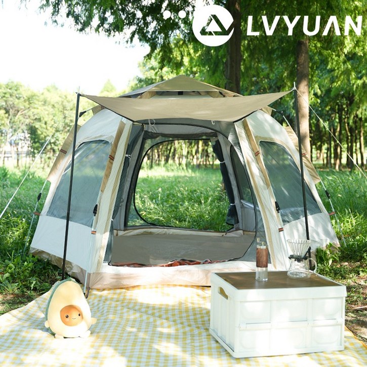 루앤 원터치텐트 전체개방 그늘막 육각 대형 돔텐트, 혼합색상, 5-6인용