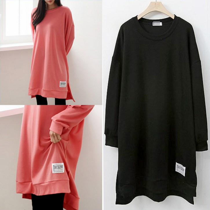 빅사이즈 여성의류 라벨 패치 트임 롱 긴팔 티셔츠 오버핏 tee 데일리 엉덩이 밑 기장 체형커버 66110 size