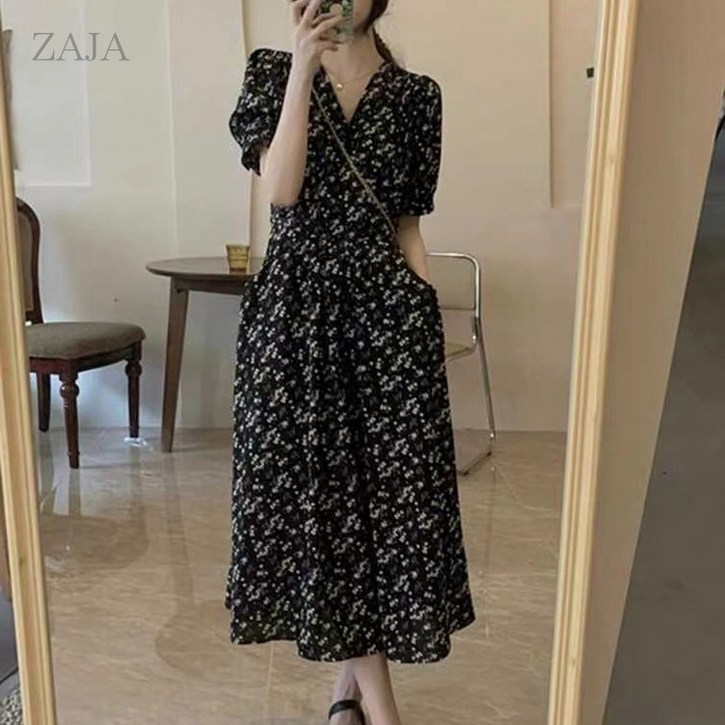 ZAJA 여성 여름 플라워 롱원피스 브이넥 슬림핏 A라인 날씬해보이는 데일리룩