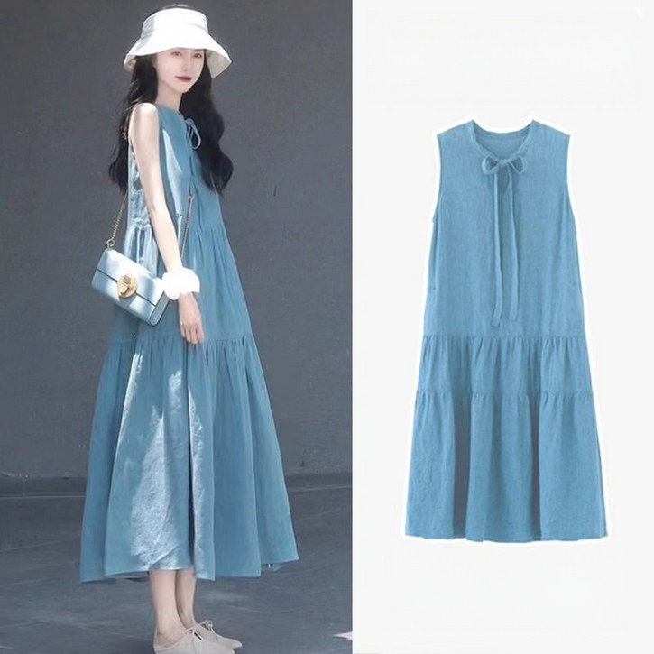 해피유통 여성  여름 루즈핏 캐주얼 롱 캐주얼 민소매 솔리드 원피스jh lmy