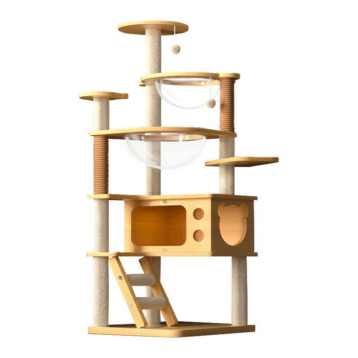 New World 캣타워 고양이 스크래쳐 안정적인 구조로 튼튼하고 견고함 다층 구조로 놀이터 링트리 등반 프레임  스크래쳐  고양이장난감 대형 및 소형 고양이 모두 사용, 1개, 원목색
