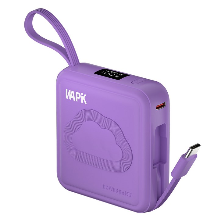 와피크 초소형 미니 보조배터리 M2 10000mAh 기내반입 잔량표시 내장케이블, 퍼플