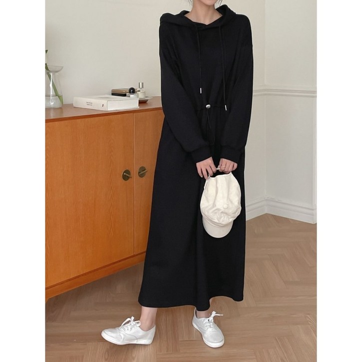 반타 가을여성원피스 후드스트링롱원피스 긴팔 데일리원피스 오버핏 빅사이즈원피스