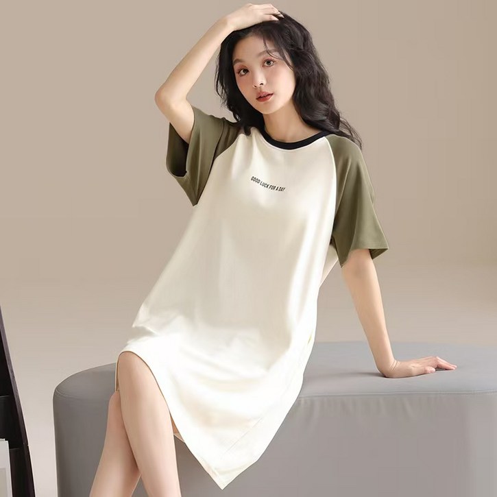 COSYEVNO 순면 여성 원피스 라운드 홈웨어 롱 스커트 잠옷