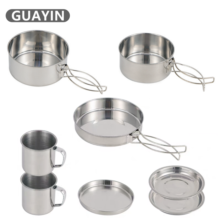 Guayin 스텐 캠핑 코펠 세트 아웃도어 야외 주방용품 식기 그릇 컵 냄비세트 8p 23인용 GYC090, 은색, 1세트