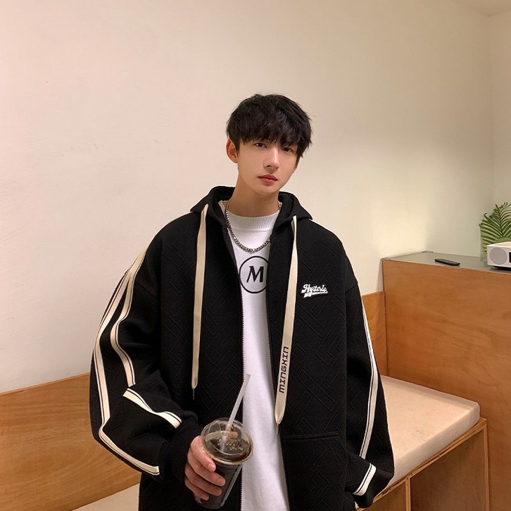 남자오버핏후드티 캐주얼 스웨터 남성 가을 유행 브랜드 ruffian 잘 생긴 재킷 아메리칸 스타일 하이 스트리트 느슨한 무거운 카디건 후드 탑 의류