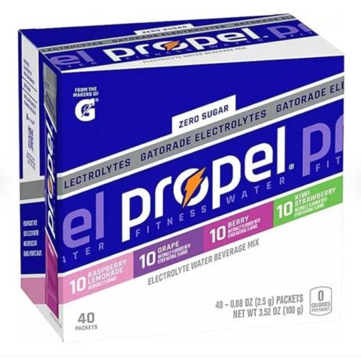 Propel 파우더 전해질 패킷 전해질 비타민 및 무설탕 4가지 맛 버라이어티 팩  키위 딸기 베리 포도 라즈베리 레모네이드 40팩