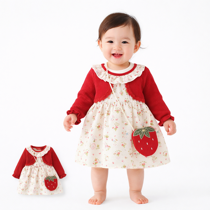여아 긴팔 원피스 봄가을 플라워 패턴 핑크 딸기 가방 세트