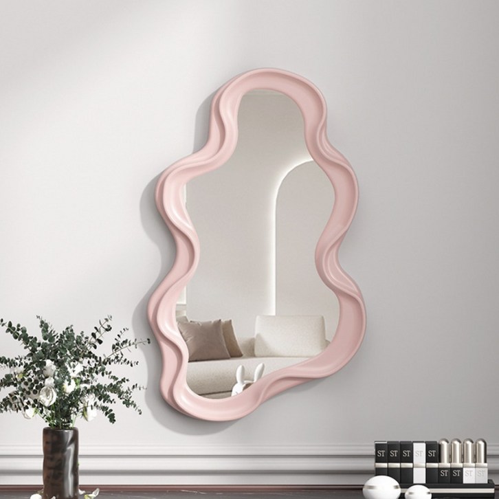 홈메이드 비정형 웨이브 화장대 거울 인테리어 거치 탁상 벽걸이 까페 욕실 거울, A-핑크