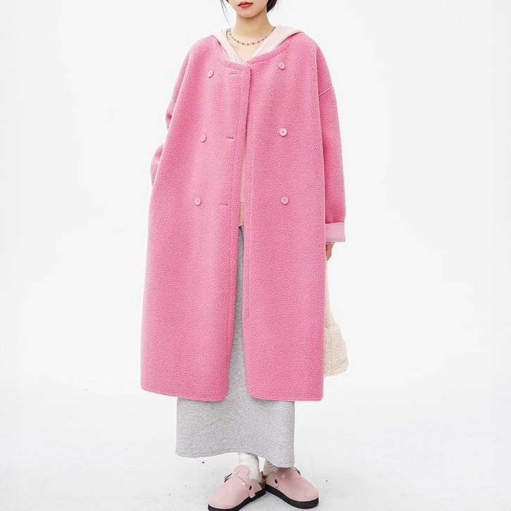 퀸앤조이 뽀그리 덤블 노카라 더블 롱코트