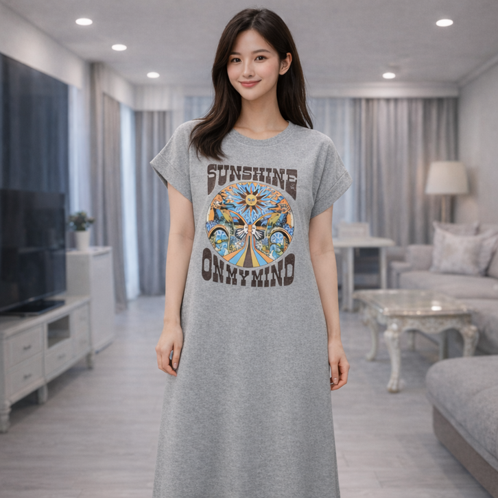 THE HONG 여성 100 순면 반팔 롱원피스 여름 홈웨어 잠옷 세미 루즈핏 데일리 원피스