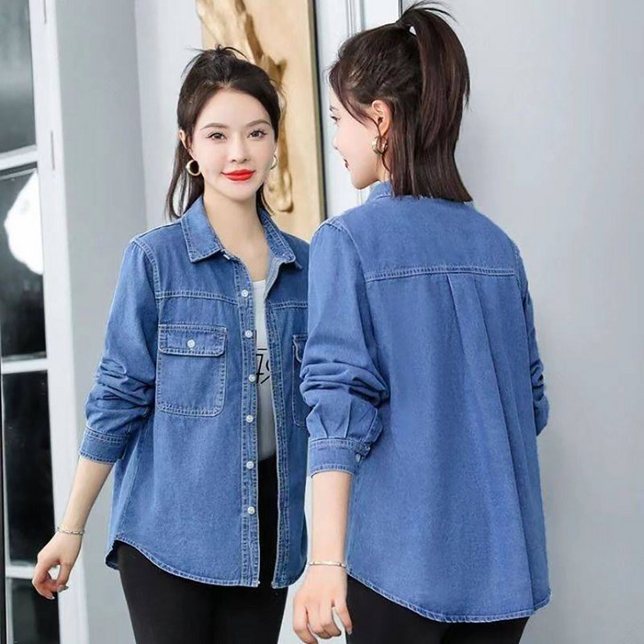 지고다그 여성용 간절기용 봄가을 루즈핏 데님 긴팔 셔츠 캐주얼 청남방 스타일 상의 ZK6026