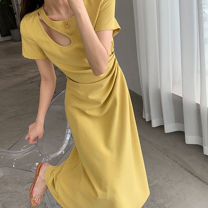 더시럽 여성용 슬림 사이드 셔링 반팔 롱 원피스