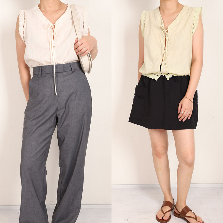 프리지아 아일렛 펀칭 민소매 블라우스 프릴 나시 크롭 블라우스 바캉스룩 하객룩