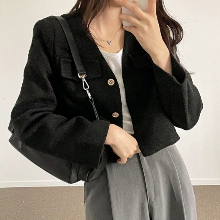 레티고 여성 노카라 브이넥 트위드 크롭 자켓