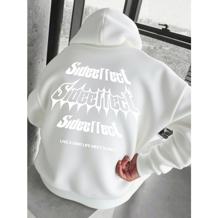 남성용 헤비웨이트 후드티  사이드익스 그래픽이 있는 베이지 스웨트셔츠, 루즈핏 풀오버 후디, 일상 및 정장용 긴팔 캐주얼 스트리트웨어 HC351S, 필수 후디, 가을 겨울