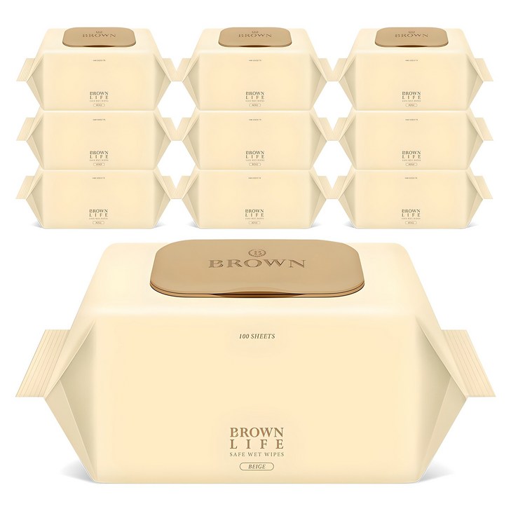 브라운라이프 베이지 엠보싱 대용량 물티슈 캡형, 50g, 100개입, 10개