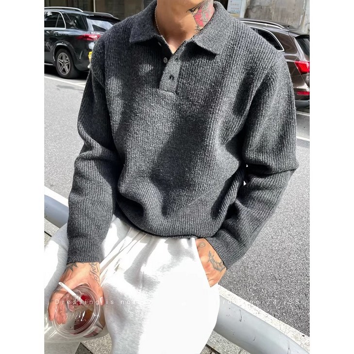 ANYOU 남성 카라 니트 오버핏 캐주얼 스웨터 맨투맨 두꺼운 긴팔 티셔츠