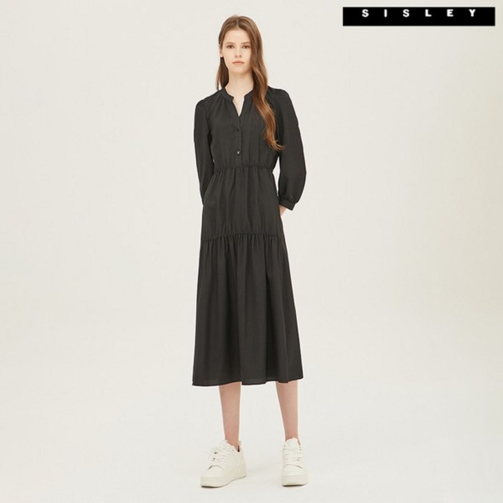 시슬리  니키타 셔링 롱 원피스 SAOP05211 BK