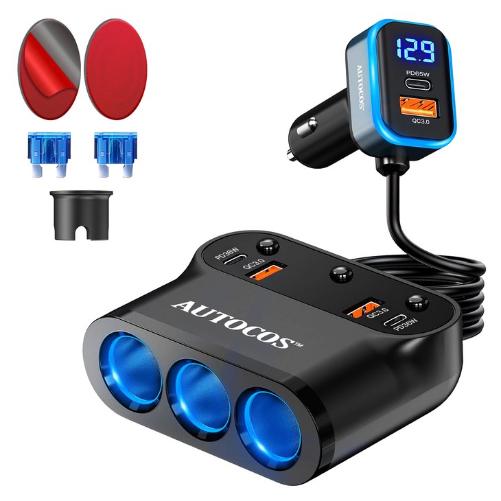 오토코스 차량용 고속 충전기 360W 대용량 멀티 소켓 PD65W 시가잭 ATS109 세트, 1세트, 3구