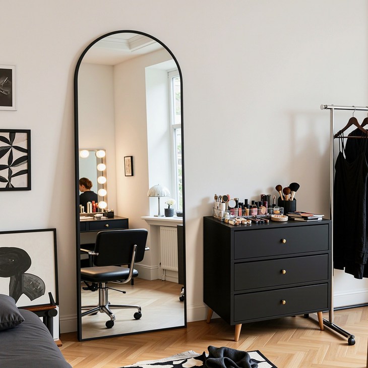 안토크 벽걸이 전신거울 3in1 아치형 전신경 원룸 가정용 지지대 거치형 스탠드 1450450, 블랙